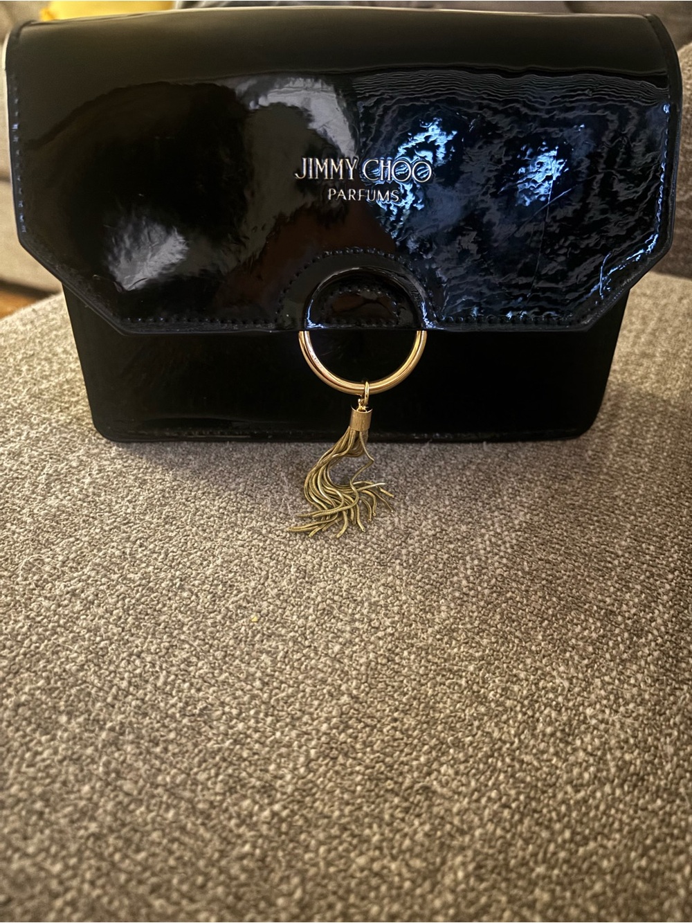 Jimmy Choo Black Patent Leather Card & Key Holder with Gold Tassel Ring